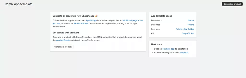 Shopify app dashboard after successful installation