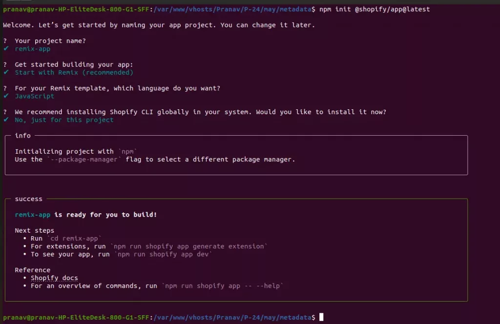 Creating a new Shopify Remix app with npm init command