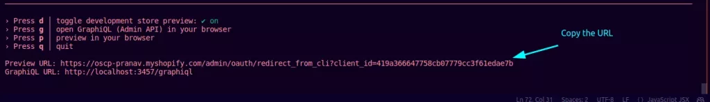 Copying the app installation link from VS Code terminal